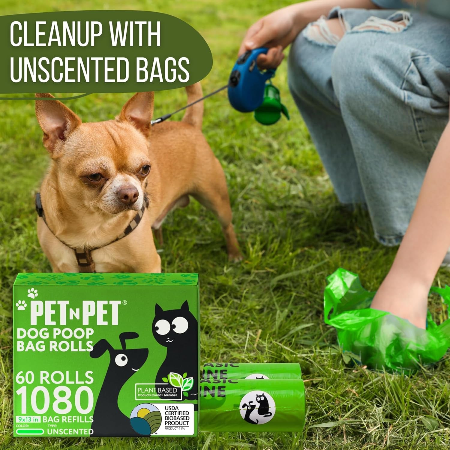 Eco-Friendly Dog Waste Bags, 41% Plant-Based, USDA Certified, Leak-Proof Refill Rolls for Dogs and Cats (1080 Count, Unscented, Green)