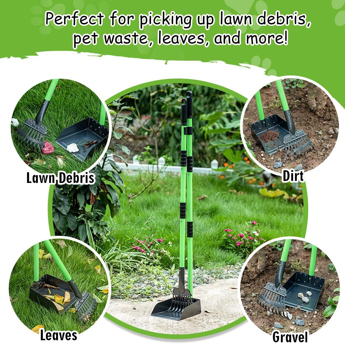 Pooper Scooper, Dog Pooper Scooper Long Handle Stainless Metal Tray and Rake Set for Medium Small Dogs Heavy Duty - Use on Grass, Dirt or Gravel - Pet Supplies (Green)