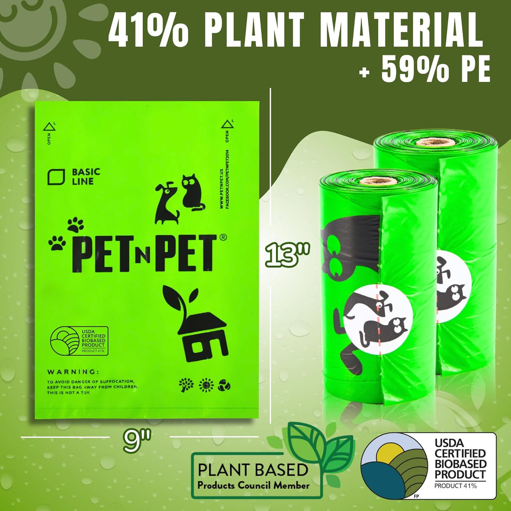 Eco-Friendly Dog Waste Bags, 41% Plant-Based, USDA Certified, Leak-Proof Refill Rolls for Dogs and Cats (1080 Count, Unscented, Green)