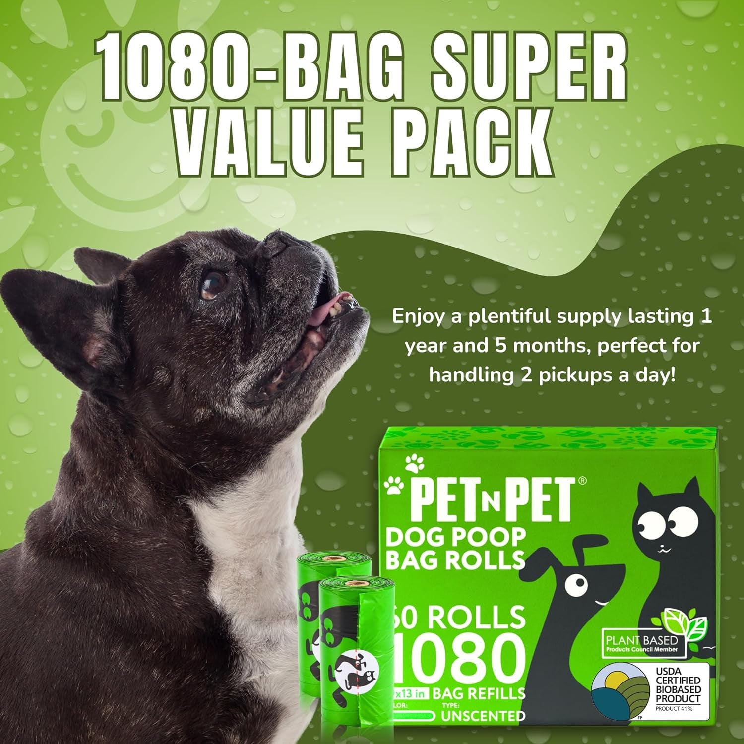 Eco-Friendly Dog Waste Bags, 41% Plant-Based, USDA Certified, Leak-Proof Refill Rolls for Dogs and Cats (1080 Count, Unscented, Green)